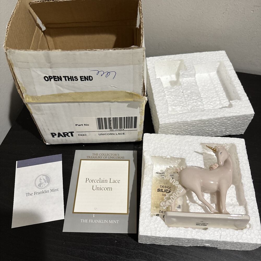 RARE* Franklin Mint Pink White Lace Porcelain Unicorn Treasury Hand Painted NEW